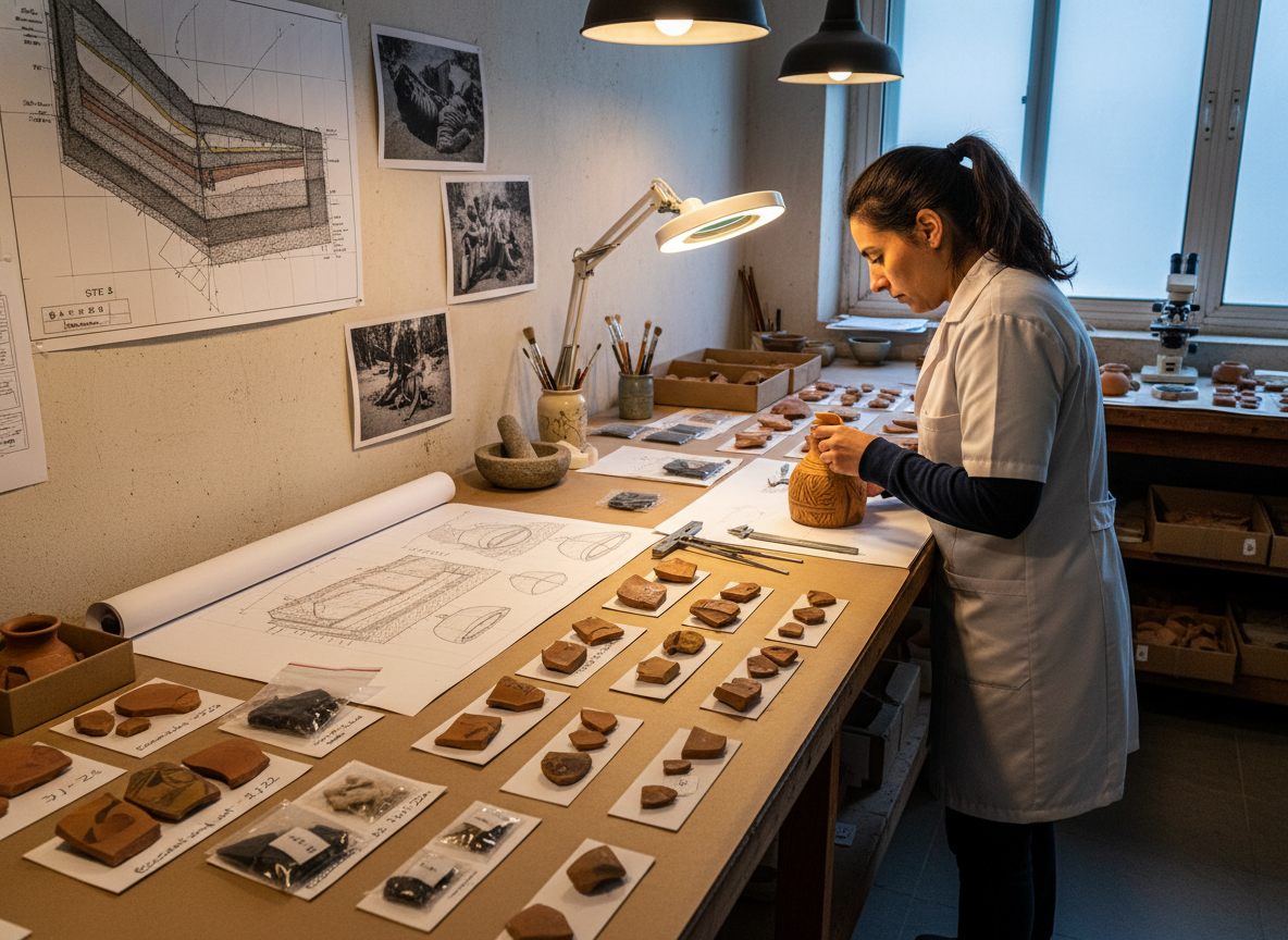 Arqueóloga en laboratorio analizando fragmentos cerámicos ordenados sobre mesada, con perfiles estratigráficos en la pared y herramientas de microscopía