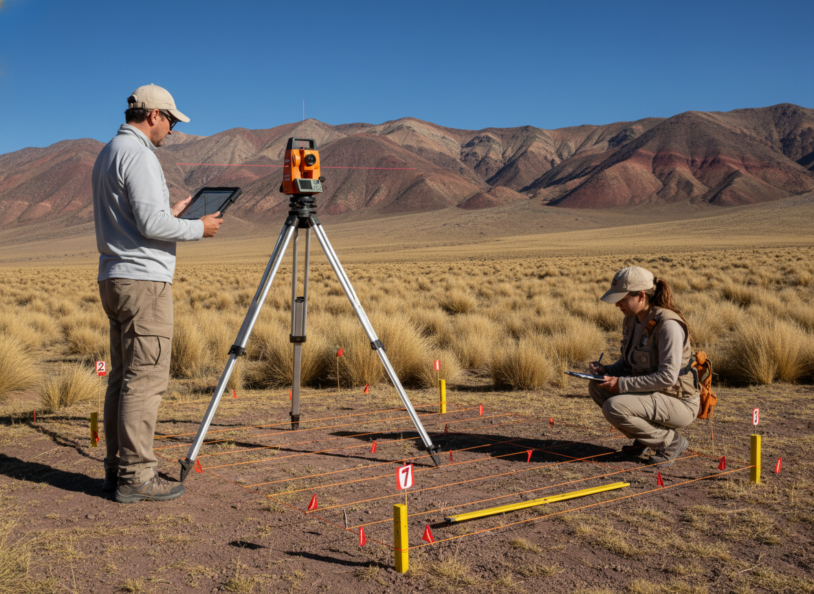 Equipo de dos arqueólogos realizando prospección preventiva en campo con estación total naranja, grilla de estacas amarillas y banderas de hallazgos en paisaje de la puna NOA