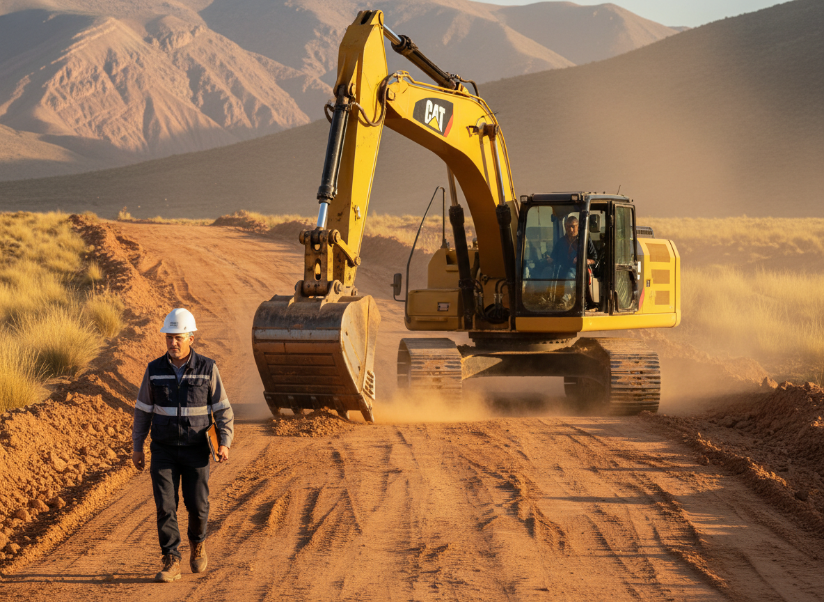Excavadora amarilla CAT trabajando en obra de camino minero con polvo dorado al atardecer y arqueólogo de HSE con casco blanco y chaleco hi-vis caminando con clipboard en primer plano