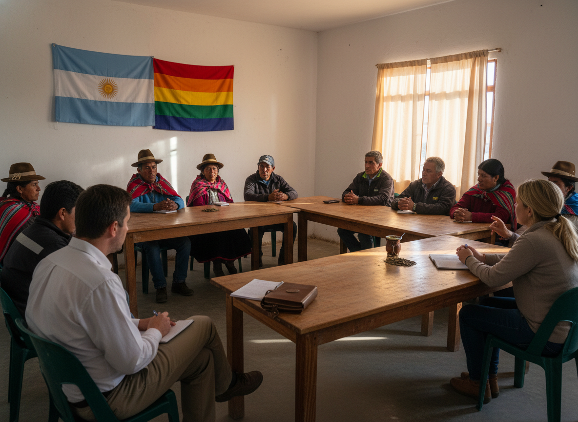 Reunión de Consulta Previa Libre e Informada en salón comunitario del NOA con bandera argentina y Wiphala; comunidad originaria como protagonista