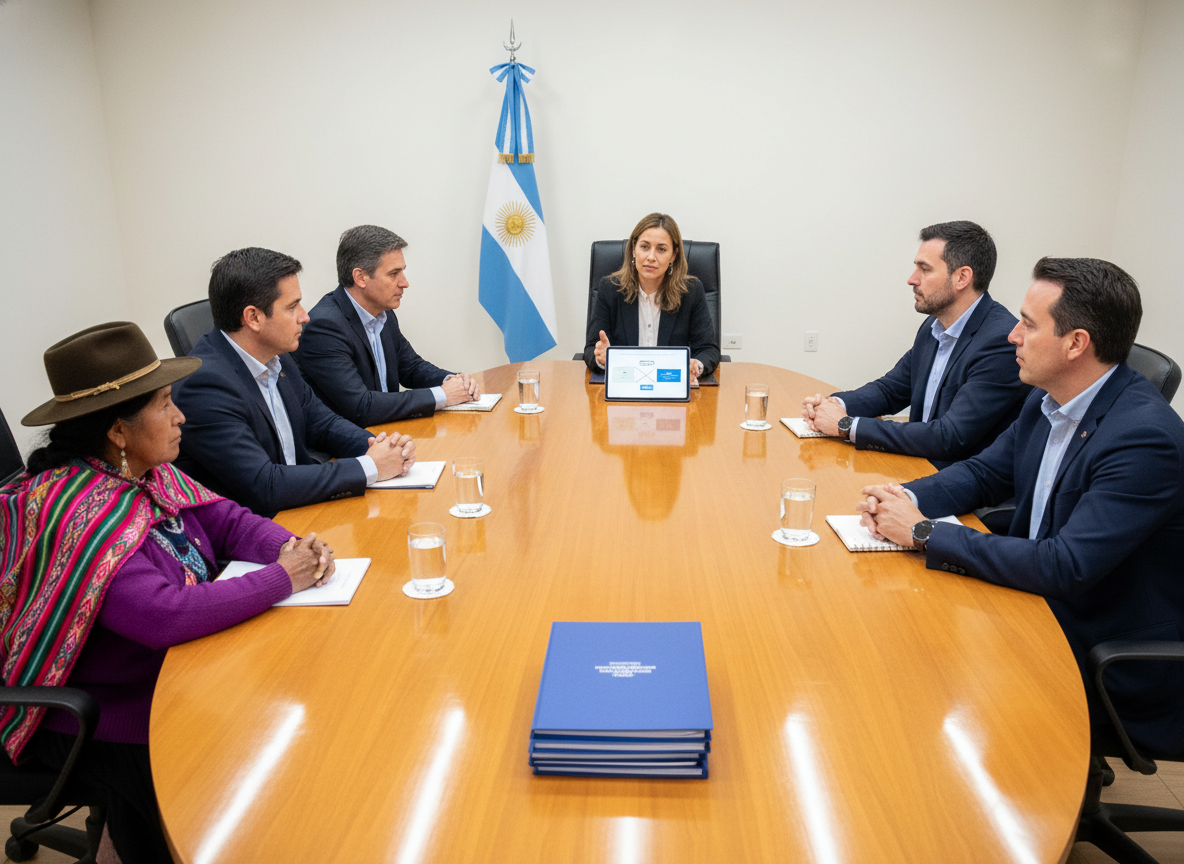 Mesa de mediación multiparte con representantes de comunidad originaria, empresa y autoridad provincial; bandera argentina al fondo
