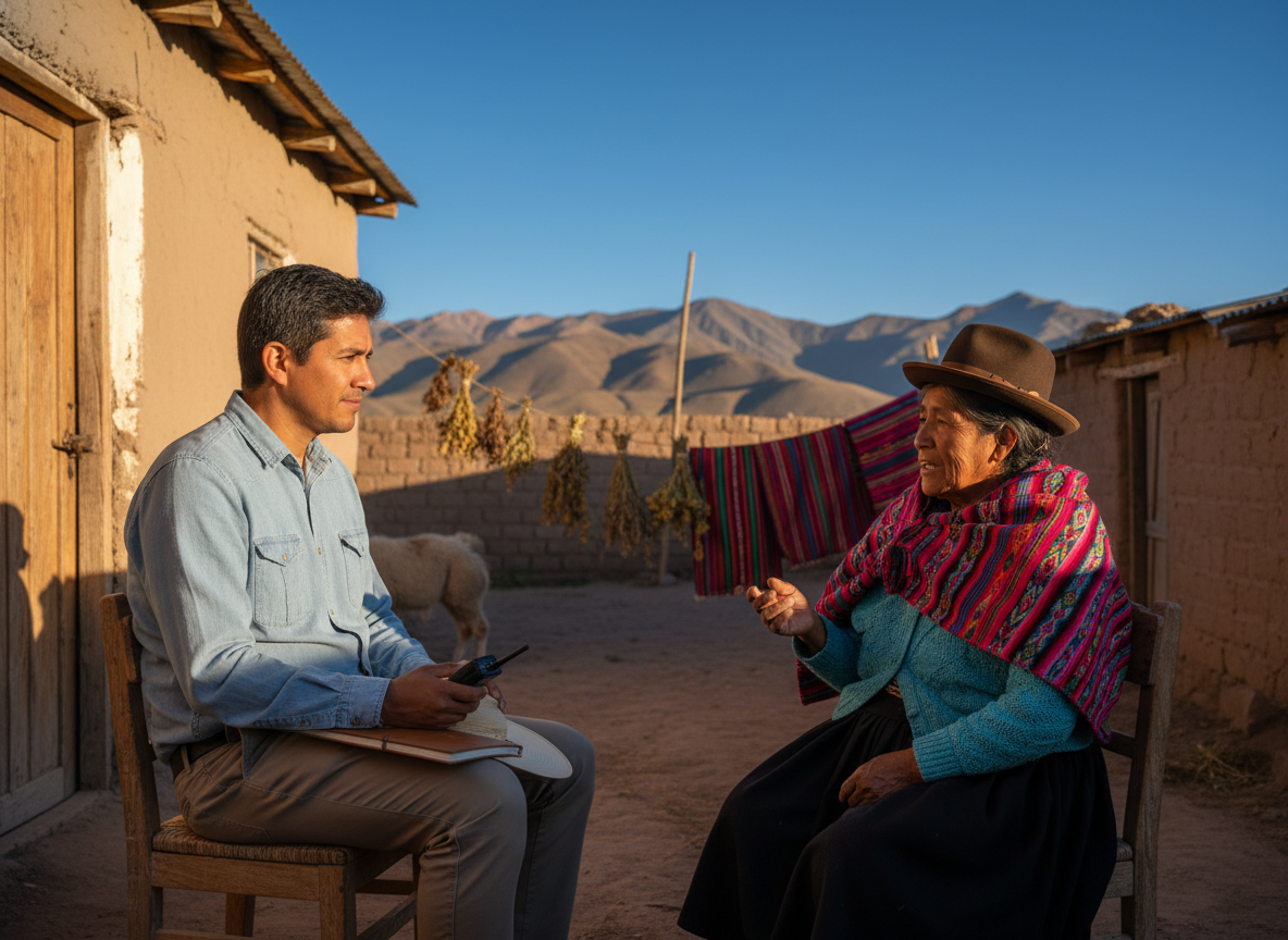 Antropólogo escuchando a referente comunitaria Kolla en entrevista etnográfica de línea de base, patio de adobe del NOA al atardecer