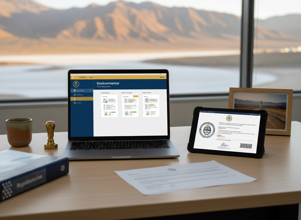 Dashboard de gestión de permisos ambientales en laptop y certificado provincial digital en tablet con paisaje del NOA al fondo