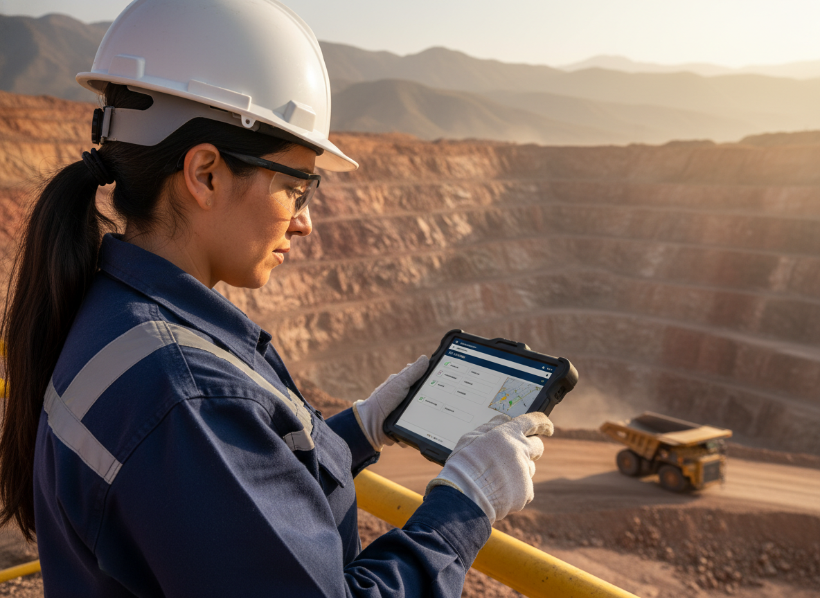 Ingeniera HSE revisando checklist de inspección en tablet rugged sobre el frente activo de una mina a cielo abierto