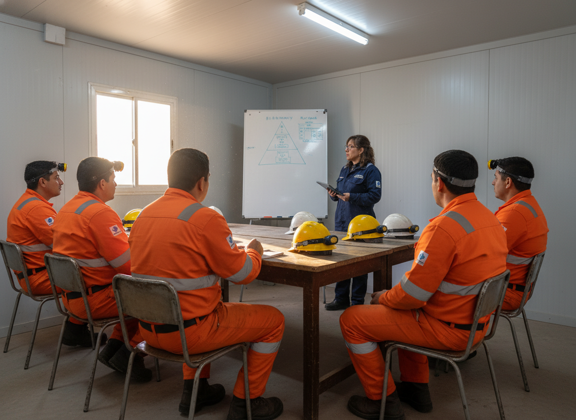 Capacitación HSE en sala de obra: instructora frente a grupo de operarios mineros con uniformes naranjas