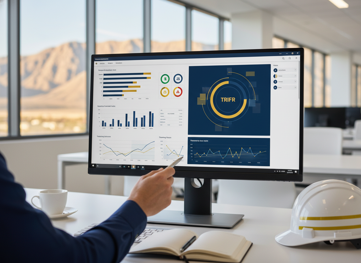 Dashboard HSE con KPIs e indicadores TRIFR en pantalla corporativa, mano señalando un gráfico