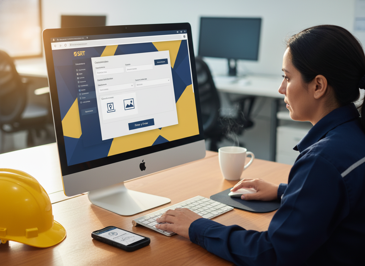 Profesional HSE completando formulario digital de declaración ART en monitor de computadora con firma desde smartphone
