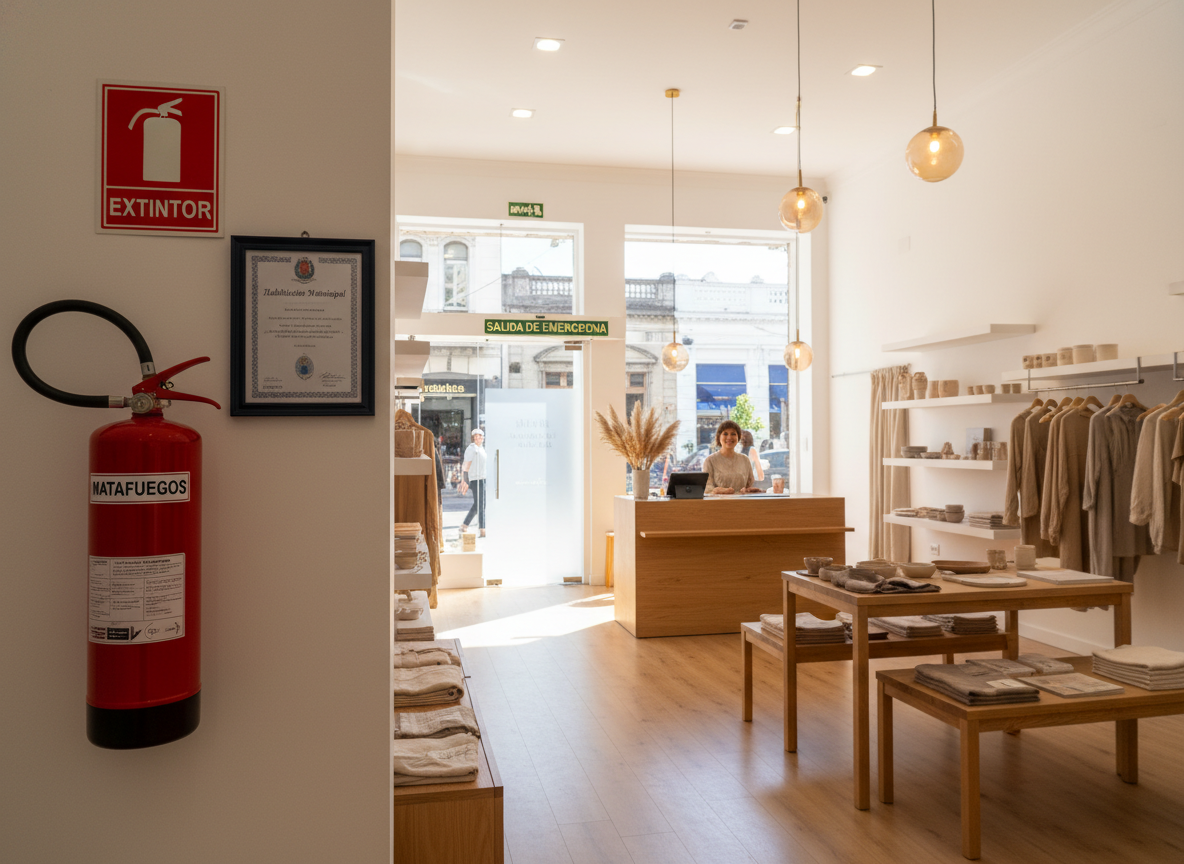 Interior de tienda comercial habilitada con matafuegos señalizado, certificado de habilitación enmarcado y salida de emergencia visible