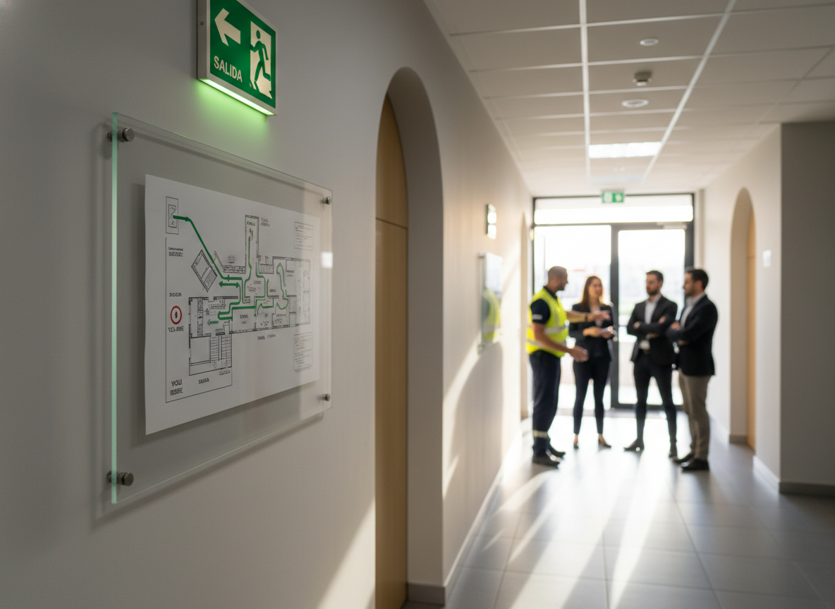 Pasillo de oficina con plano de evacuación montado, cartel verde de salida de emergencia y profesional briefando a grupo