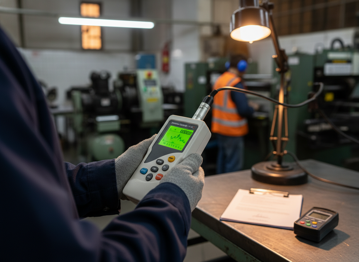Sonómetro digital en mano enguantada midiendo ruido en taller industrial con luxómetro y certificado de calibración al lado