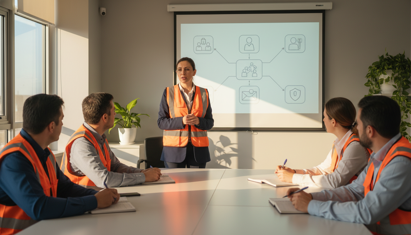 Capacitación en seguridad laboral a empleados de comercio e industria: consultora HSE explicando procedimientos frente a un grupo con chalecos de alta visibilidad en sala moderna